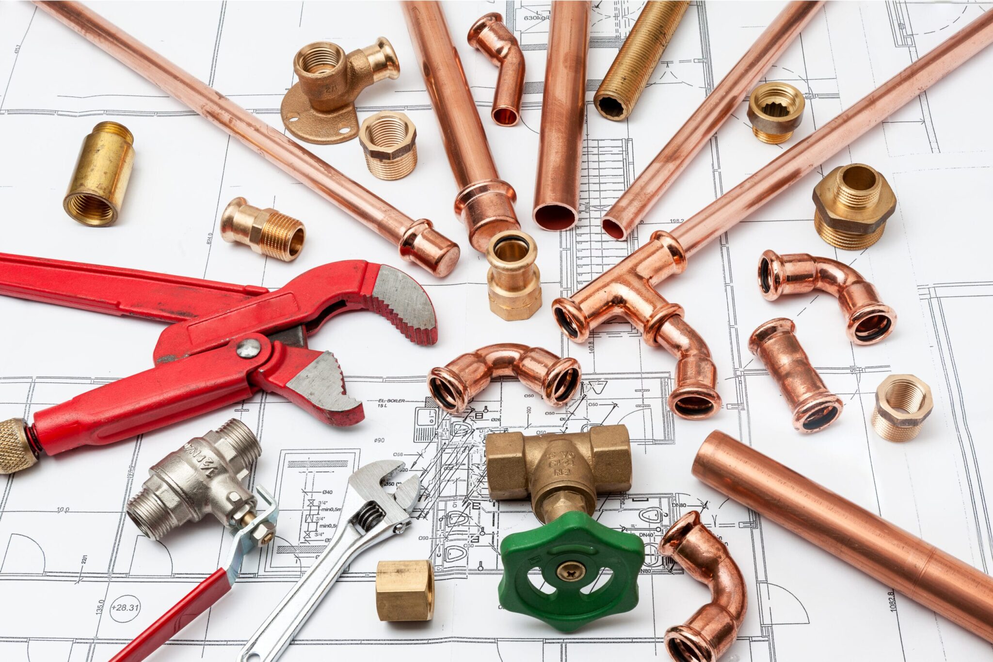 Copper pipes, fittings, valves, and plumbing tools in Boca Raton