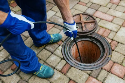 Plumber cleaning an outdoor sewer drain in Boca Raton