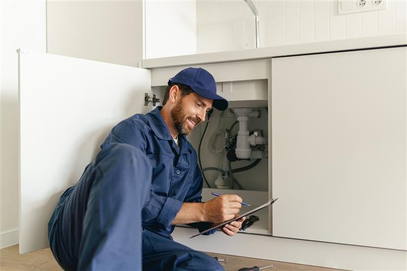 Residential plumber reviewing plumbing repairs in a Boca Raton kitchen